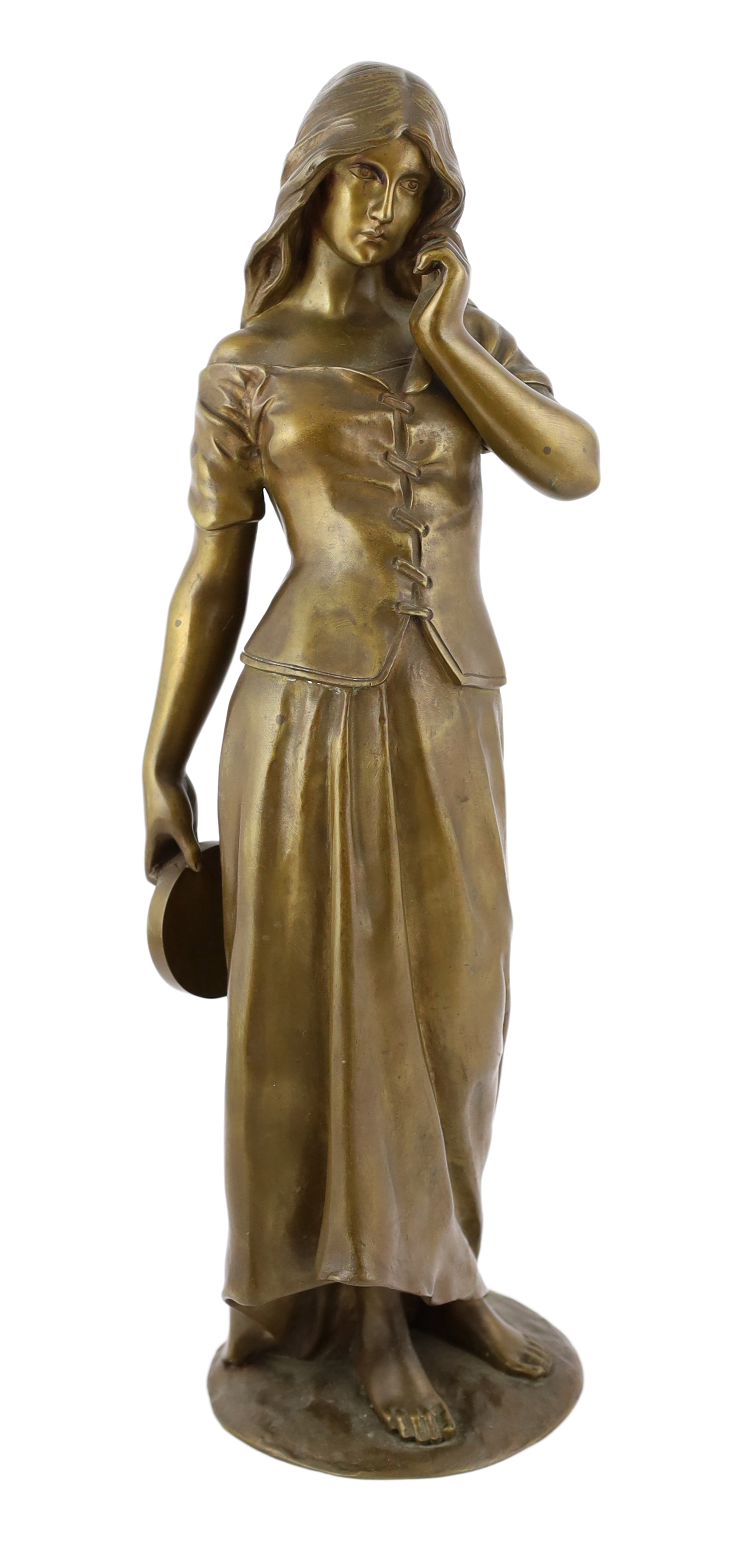 Pierre Marie François Ogé (1849-1912), a bronze figure of a tambourine girl standing with the instrument in her right hand, 52cm high